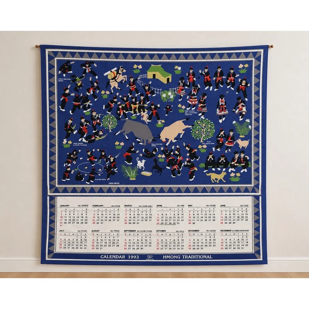 Vintage JSRC-SVA Hmong Traditional Calendar 1993 Blue Story Cloth Wall Hanging
